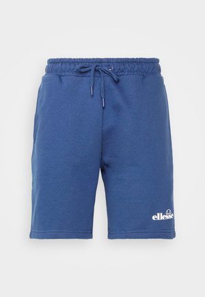 Modré bavlnené šortky s elastickým pásom a šnúrkou, s malým bielym logom na spodnej časti nohavice. Hladká textúra, po kolená.