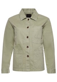 Light olive green button-up jacket with a collar, three front pockets, long sleeves, and brown buttons down the center.