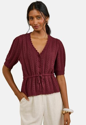 Love & Roses, PEPLUM TIE FRONT OPEN STITCH KNITTED CARDIGAN - Cardigan - burgundy red