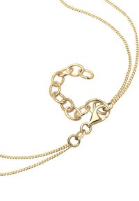 Gouden kettingnek met een gestructureerd ontwerp, voorzien van een karabijnsluiting en cirkelvormige schakelaccenten. De ketting is gevlochten en glanzend.
