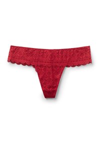 Rode kanten string met bloemenpatroon. Heeft een golvende rand en dunne zijkanten, ontworpen voor een delicate, vrouwelijke uitstraling.