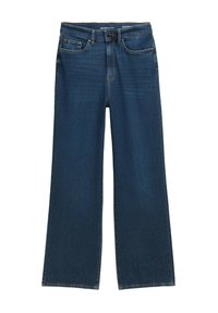 Jeans de denim de pierna ancha en azul oscuro, con un diseño de cinco bolsillos, cierre de botón y detalles de costura sutiles en las costuras.