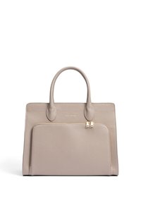 Sac fourre-tout en cuir beige avec deux poignées, une poche zippée à l'avant et des accents en métal doré. Finition texturée avec des bords lisses et un design structuré.