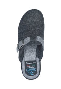 Gray felt slipper with a dark gray upper, light gray strap and buckle, and a cushioned insole. Features branding on the inner side.