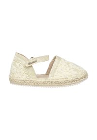 Zapato espadrille crema con diseño de encaje floral, tira elástica y suela de yute trenzado. Presenta una punta redonda y una superficie de tela texturizada.
