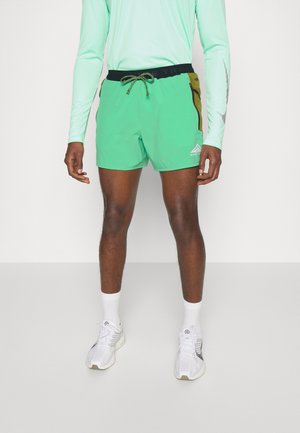 Vihreät uimashortsit, joissa musta ja oliivinvihreä vyötärönauha, nyörikiinnitys ja logotunnus. Yhdistetty vaaleaan pitkähihaiseen paitaan ja valkoisiin tennareihin.