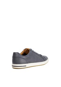 Dark blue leather sneaker featuring woven texture on the side, white rubber sole, and brown interior with lace closure.