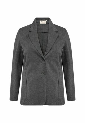 Uhlově šedý blazer s klopovým límcem, zapínáním na jeden knoflík a dvěma předními kapsami. Vyroben z texturované látky s přiléhavým střihem.