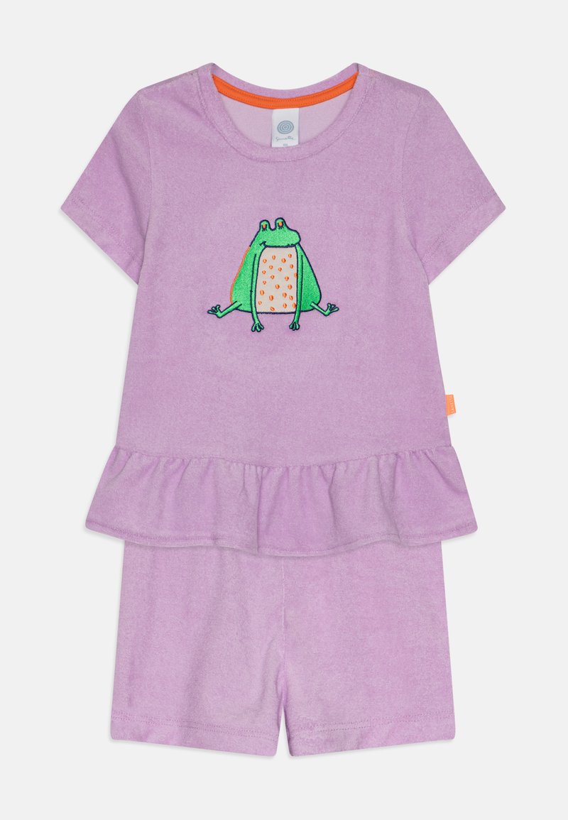 Ensemble en coton violet composé d'un haut à manches courtes avec un design de grenouille et un ourlet froncé, accompagné de shorts assortis.