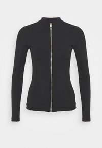 Sort, tætsiddende jakke lavet af strækstof, med høj krave, lange ærmer og lynlås lukning foran. Ingen synlige mønstre eller accenter.