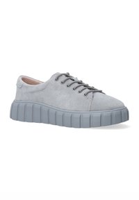 Graue Wildleder-Sneaker mit einer runden Zehenpartie, flachen Schnürsenkeln und einer dicken, strukturierten grauen Gummisohle mit vertikalen Rillen.