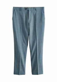 Hellblaue, taillierte Hose aus strukturiertem Stoff, mit gerader Passform, frontalen Taschen und Knopfverschluss am Bund.