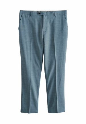 Light blue tailored trousers with a textured fabric, straight fit, front pockets, and button closure at the waistband.