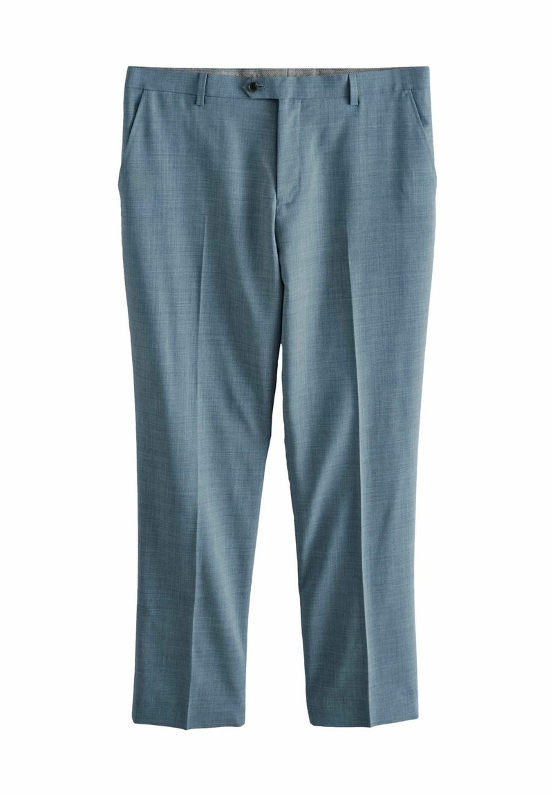 Hellblaue, taillierte Hose aus strukturiertem Stoff, mit gerader Passform, frontalen Taschen und Knopfverschluss am Bund.
