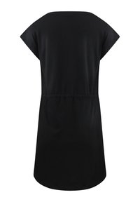 Zwarte jurk met korte mouwen, een ontspannen pasvorm, ronde halslijn en elastische taille. Soepele textuur, knielang, met een eenvoudig ontwerp.