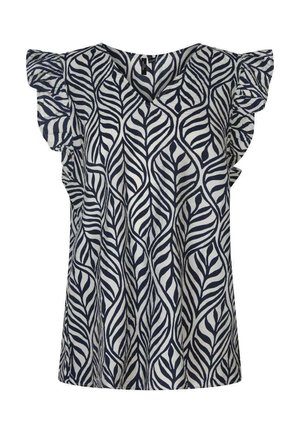 Blouse sans manches avec motif abstrait de feuilles bleu marine et blanc et détails à volants aux épaules, avec un décolleté en V.