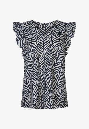 Blouse sans manches avec motif abstrait de feuilles bleu marine et blanc et détails à volants aux épaules, avec un décolleté en V.