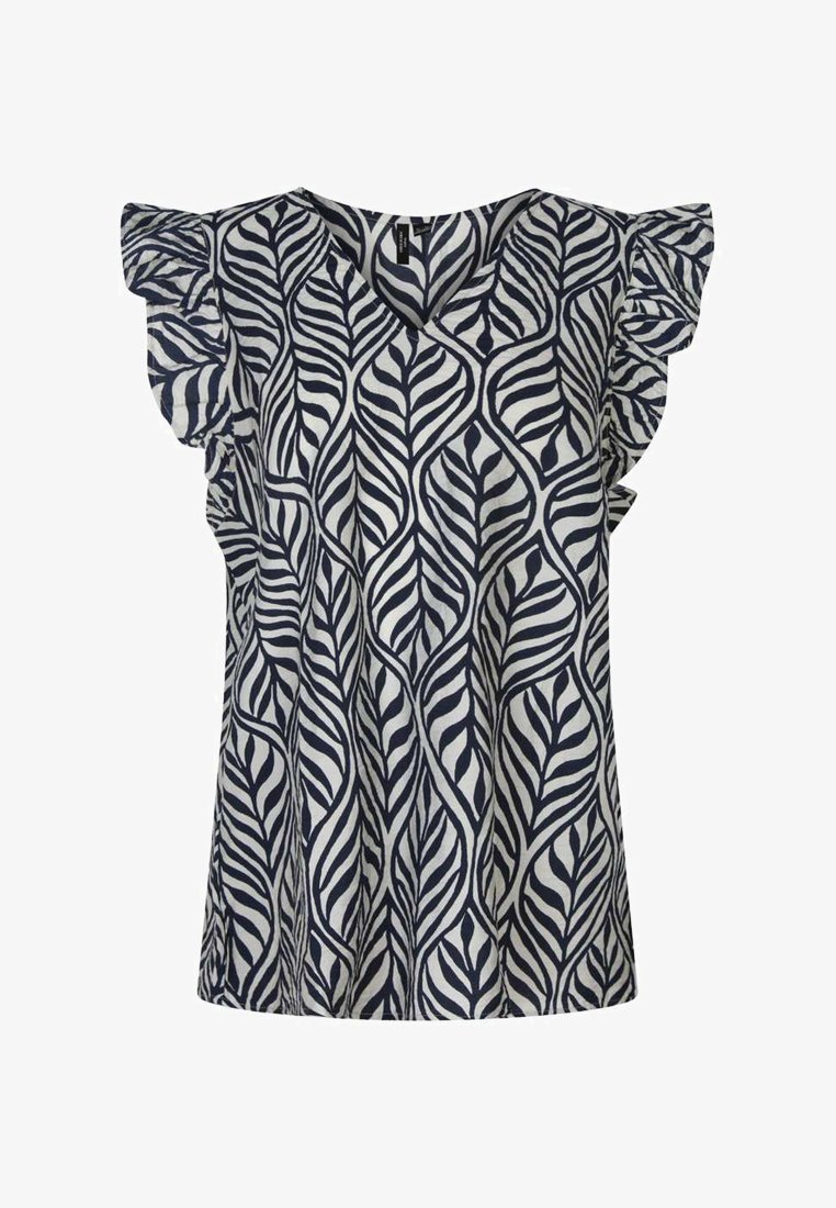 Blouse sans manches avec motif abstrait de feuilles bleu marine et blanc et détails à volants aux épaules, avec un décolleté en V.