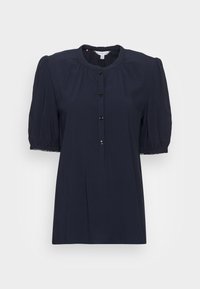 Blusa blu navy con maniche corte a palloncino, scollo rotondo e chiusura con bottoni. Tessuto liscio con una sottile trama e una vestibilità ampia.