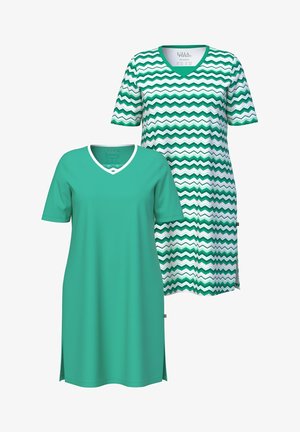 Dos vestidos hasta la rodilla con cuello en V y mangas cortas; uno en teal sólido con ribete blanco, el otro blanco con rayas zigzag verdes.
