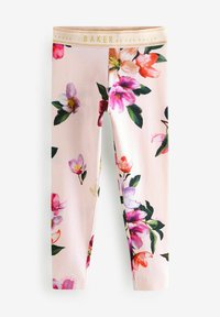 Leggings rosa floreali con fiori vivaci in viola, rosso e giallo, con una texture morbida e una cintura dorata che reca la scritta "BAKER."