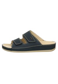 Sandale à glissière bleu foncé avec deux sangles réglables en Velcro, une semelle intérieure rembourrée beige et des coutures blanches contrastantes le long des bords.
