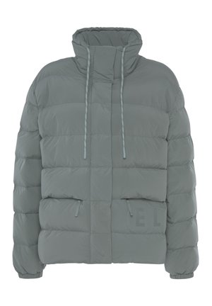 Gepolsterte Jacke in Hellgrau mit hohem Kragen, Kordelzug und zwei Vorderstaschen. Mit einem Logo auf der unteren rechten Seite.
