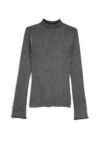 Dunkelgrauer Strickrollkragenpullover mit metallischen Fäden. Verfügt über ein geripptes Muster und gewellte Kanten am Kragen und an den Bündchen.