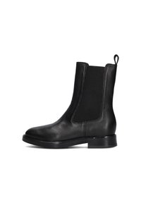 Zwarte leren enkellaars met elastische zijpanelen, ronde neus en aantrekflap. Glad textuur en robuuste zool. Duurzaam ontwerp voor dagelijks gebruik.