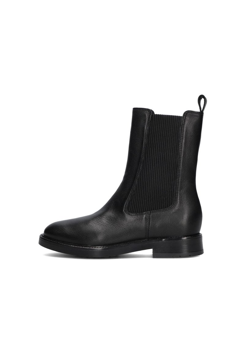 Zwarte leren enkellaars met elastische zijpanelen, ronde neus en aantrekflap. Glad textuur en robuuste zool. Duurzaam ontwerp voor dagelijks gebruik.