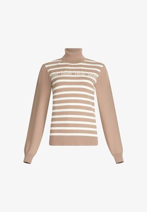 Pulover bej cu dungi, cu guler înalt, având dungi orizontale albe, și caracteristici de text și detalii mici pe piept. Mâneci lungi.