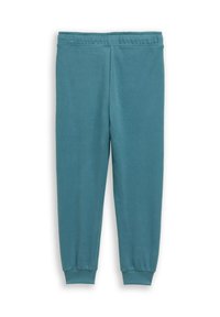 Pantalon de jogging sarcelle en tissu doux, avec une taille élastique et des poignets côtelés, présentant une texture lisse sans motifs visibles.