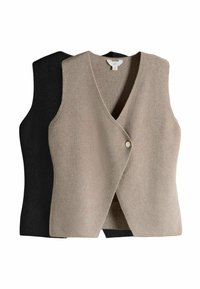 Due gilet senza maniche; uno beige, uno nero. Entrambi con scollo a V, tessuto morbido a maglia e un bottone sulla parte anteriore. Design semplice e classico.