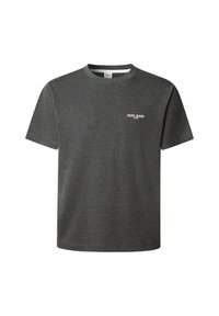 Korte mouwen, ronde hals T-shirt in donkergrijze katoen. Bevat een klein wit "PEPE JEANS"-logo op de linkerbovenborst. Glad textuur.