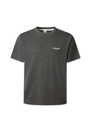 T-shirt a maniche corte, collo rotondo, in cotone grigio scuro. Presenta un piccolo logo bianco "PEPE JEANS" sul lato sinistro del petto. Tessuto morbido.