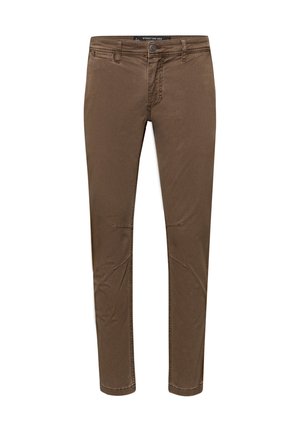 Pantaloni slim fit marroni da uomo con passanti per cintura, bottone frontale e tasche, esposti piatti su uno sfondo bianco.