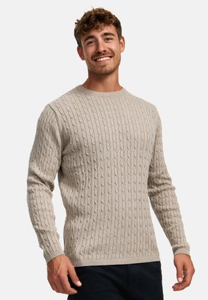 Beige strikket genser med et teksturert flettet mønster, rund hals og lange ermer, med ribbestrikkede mansjetter og kant.