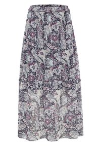 Maxikjol med elastisk midja, prydd med ett blommigt paisleymönster i lila, vitt och grått. Lättviktsmaterial med lagerdesign.