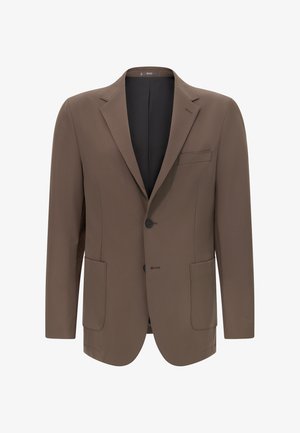 Brązowa marynarka z gładkiego materiału, z pojedynczym zapięciem na guzik, klapami w kształcie notched, dwoma przednimi kieszeniami i kieszenią na piersi.