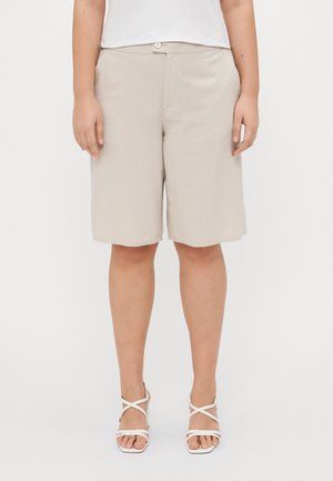 Beige cotton blend shorts with a relaxed fit, featuring a button closure, pockets, and a smooth texture, reaching just above the knee.