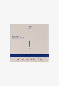 Palette de fards à paupières dans une boîte beige avec un élastique bleu. Comprend le texte "Vrai Couleur" et les détails de poids en gris. Design rectangulaire simple.