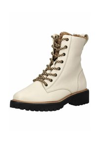 Botín de cuero blanco con forro de pelo sintético marrón, suela de goma negra y sistema de cordones con detalles en dorado. Presenta una lengüeta en el talón reforzada.