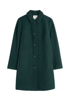 Dark green woolen coat with long sleeves, collar, and five front buttons, displayed on a white background.