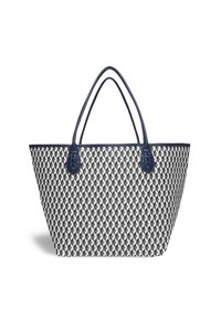 Vävd tote-väska i svart och vitt geometriskt mönster med marinblå läderdetaljer och handtag. Rymlig design med en robust struktur.