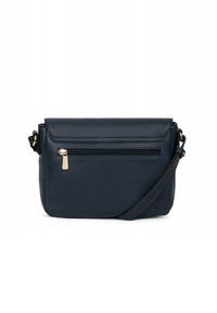 Borsa a tracolla in pelle blu navy con tasca frontale con zip, chiusura a patta magnetica, tracolla regolabile e finitura testurizzata. Presenta accessori in tonalità oro.