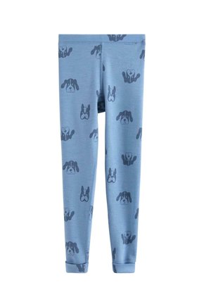 Blaue Kinderleggings mit einem wiederholten Muster verschiedener dunkelblauer Hundefaces und Pfoten, die auf den Stoff gedruckt sind.