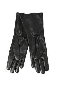 Sorte læderhandsker med en glat tekstur, tætsiddende design og rynket håndledsdetalje. Afsluttet med en strømlinet, elegant form.