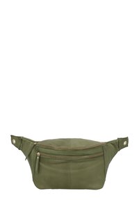 Marsupio in pelle verde oliva con una texture liscia, una tasca frontale con cerniera e dettagli a bottoni a pressione sugli spallacci regolabili.