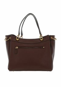 Bruine leren tote bag met gouden hardware, dubbele handvatten aan de bovenkant en een voorzak met rits. Heeft een gestructureerde afwerking en een ruime binnenkant.