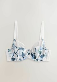 Modrček z rožnim vzorcem v modrih in zelenih odtenkih, z belimi naramnicami in mrežastimi poudarki. Gladek tekstura in strukturirane košarice.